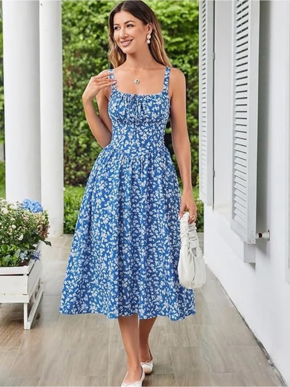 Blue Floral Midi Dress with Square Neck and Adjustable Straps